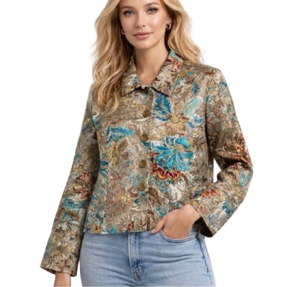 Chico’s Jacket Flower Brocade Brown Blue Gold Thread Silk Cotton